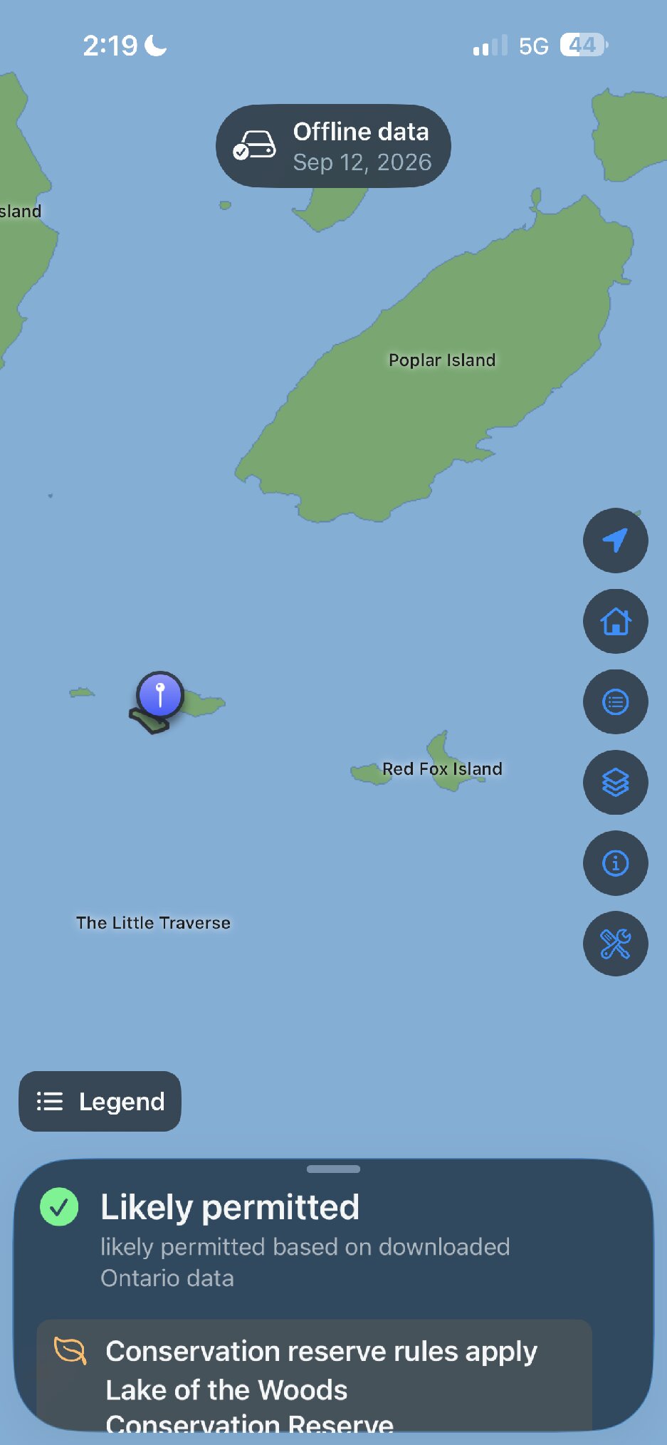 Map screenshot with a pin marking the first campsite on a small island near Red Fox Island and Poplar Island