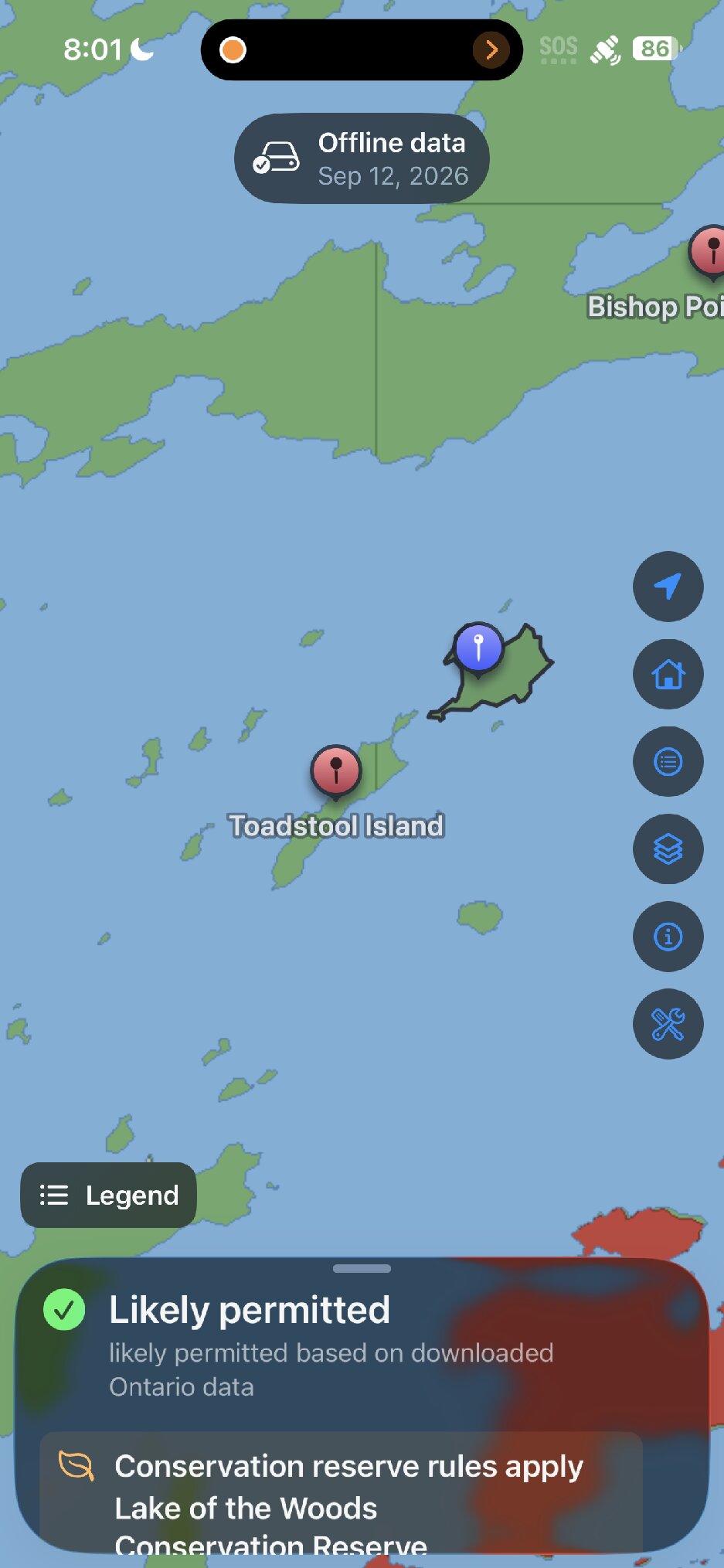Map screenshot with a pin marking the second campsite on a small island beside Toadstool Island