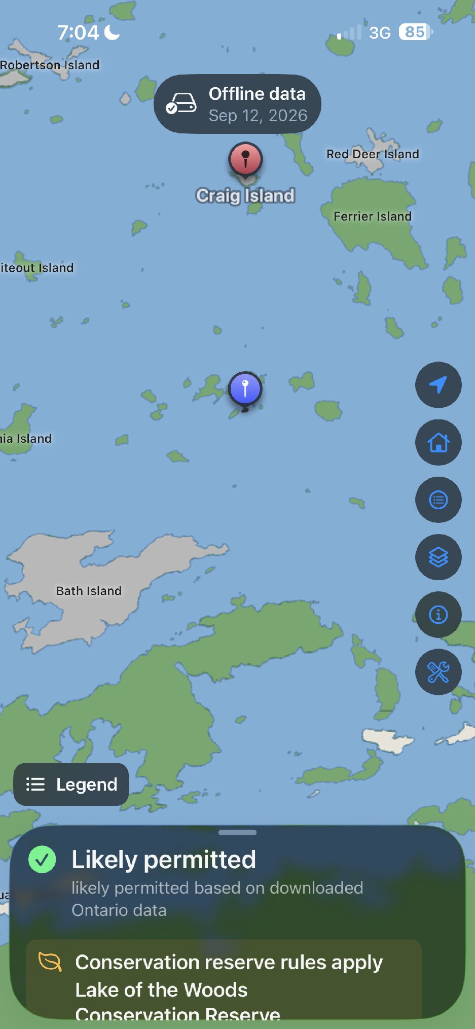 Map screenshot with a pin marking the third campsite on a small island north of Bath Island