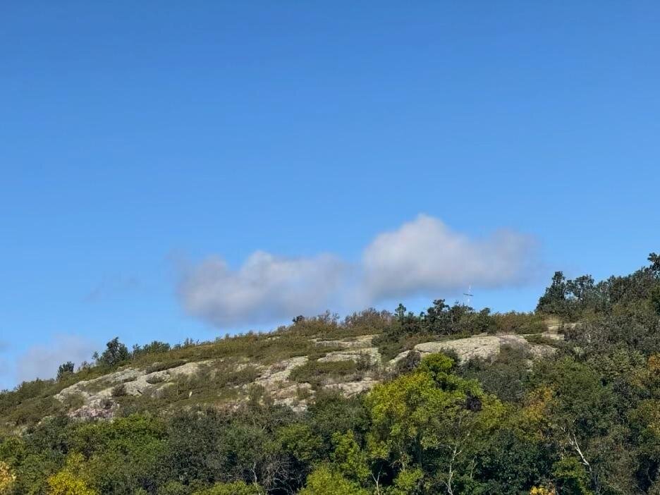 A small white cross on the wooded ridge of Massacre Island, seen from the water against a blue sky