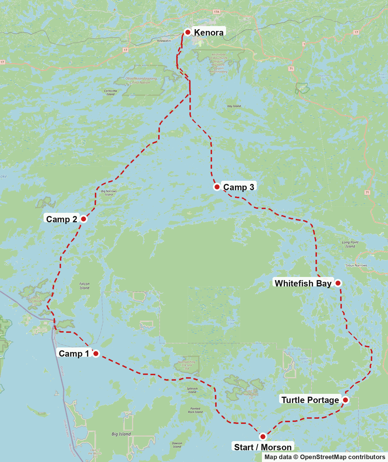 Map of Lake of the Woods showing the four-day route as a dashed line, starting near Morson in the south, running west and north past three campsites to Kenora, then back south through Whitefish Bay and over Turtle Portage